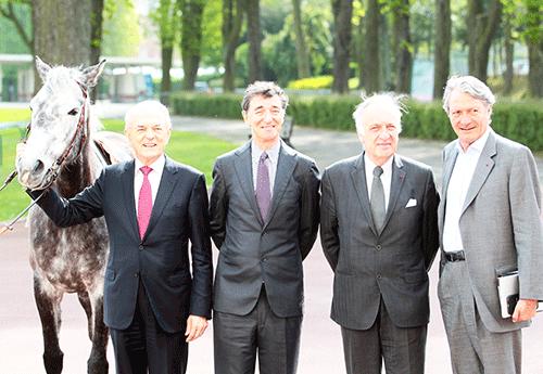 Jean Arthuis (Porte Parole E Macron), E de Rothschild (France Galop), D de Bellaigue (Le Trot) P Augier (Maire de Deauville), le 05 avril 2017 (© scoopdyga)